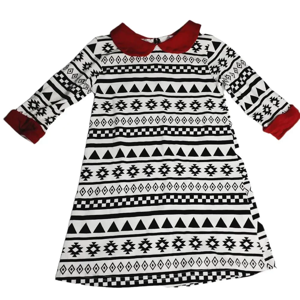 A.T.UN. Geometric Aztec Little Girl's Dress Size 4 -5 Black & White Red